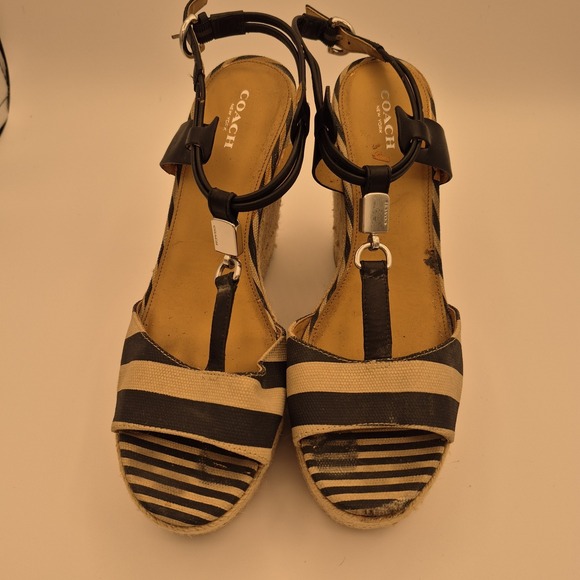 Coach Espadrille Wedge Sandal Women 9Navy  Blue  Stripped Nautical Rope Platform - Picture 1 of 5